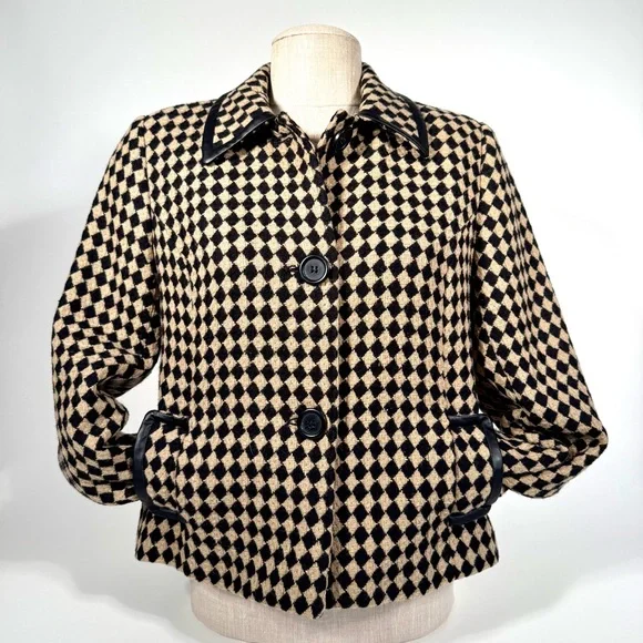 JM Collection Harlequin Wool Tweed Tan and Black Cropped Jacket - Punk Edgy - Picture 6 of 16